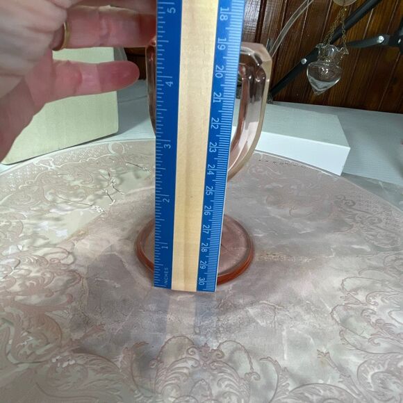 Pink Depression glass etched floral scroll pattern oval platter handle. - Picture 13 of 13